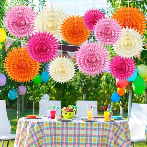 12PCS Paper Fans Hot Pink and Orange Party Decorations Tissue Paper Flowers Decorations for Girl Groovy Birthday Baby Shower Wedding Bachelorette Room Wall Hanging Décor