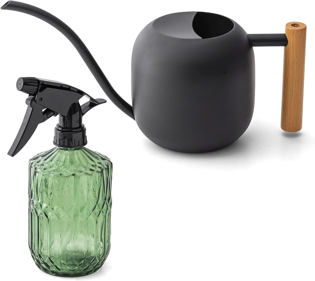 Baffect Indoor House Plants Watering Set for Bonsai, Orchid | Include Balck Metal Long Spout Watering Can (41oz) & Dark