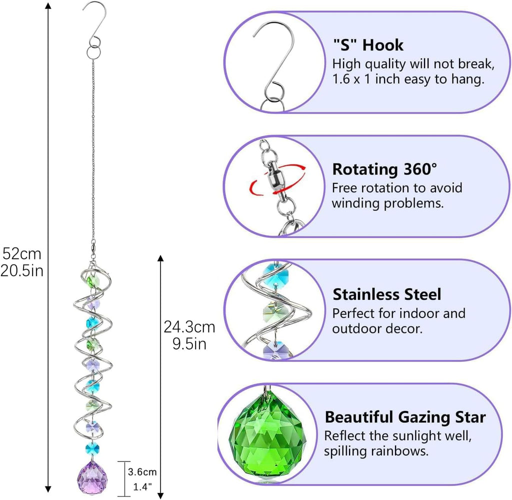 Set of 3 Crystal Suncatcher Spiral Wind Spinner Gazing Ball Decor | Crystal Suncatcher Rainbow Maker with Spiral Tail