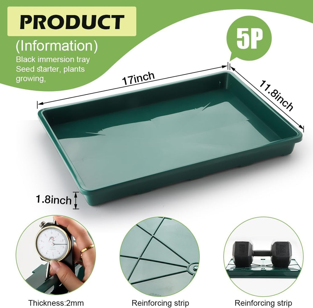 RooTrimmer 5 Pack Seed Starter Trays (17"x11"x2"), Plastic Flat Nursery Pots Trays, Durable Carrying Seedling Starter