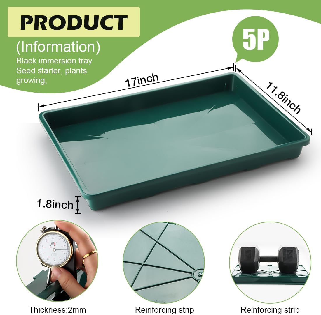 RooTrimmer 5 Pack Seed Starter Trays (17"x11"x2"), Plastic Flat Nursery Pots Trays, Durable Carrying Seedling Starter
