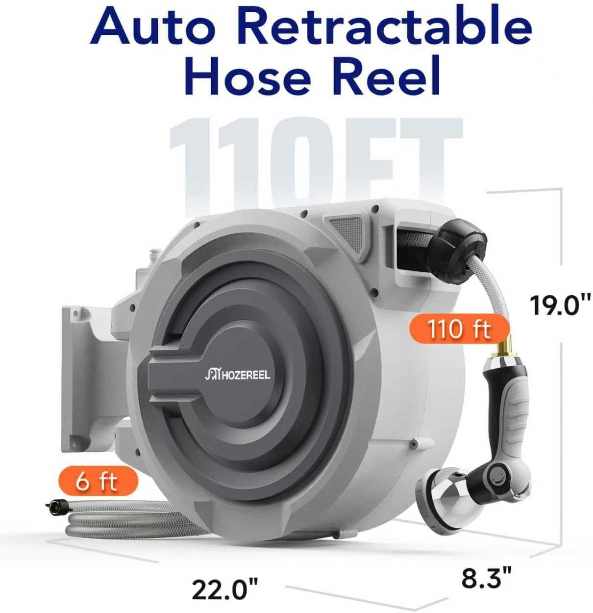 Retractable Garden Hose Reel 1/2" x 110ft | UV Resistant Automatic Slow Self Retract Hose Reel, 180°Swivel Wall Mount