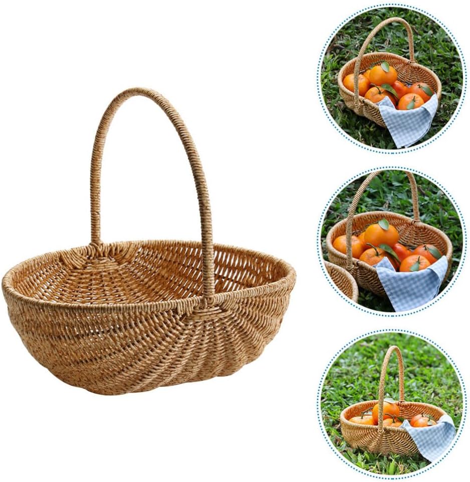Kisangel Creative Light Brown Picnic Basket - Multi-Functional Rattan Style Harvest Shopping Basket for Fruits