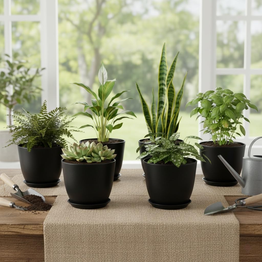 Vanslogreen Plant Pots 8 Inch Set of 6, Flower Pots with Drainage Holes and Saucer, Plastic Garden Planters for Indoor