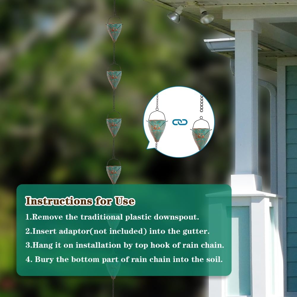 10ft Rain Chains for Outside Gutters, Eaves, Drainage | 10 Bee-Pattern Cups, Metal Rain Chain, Adjustable Length