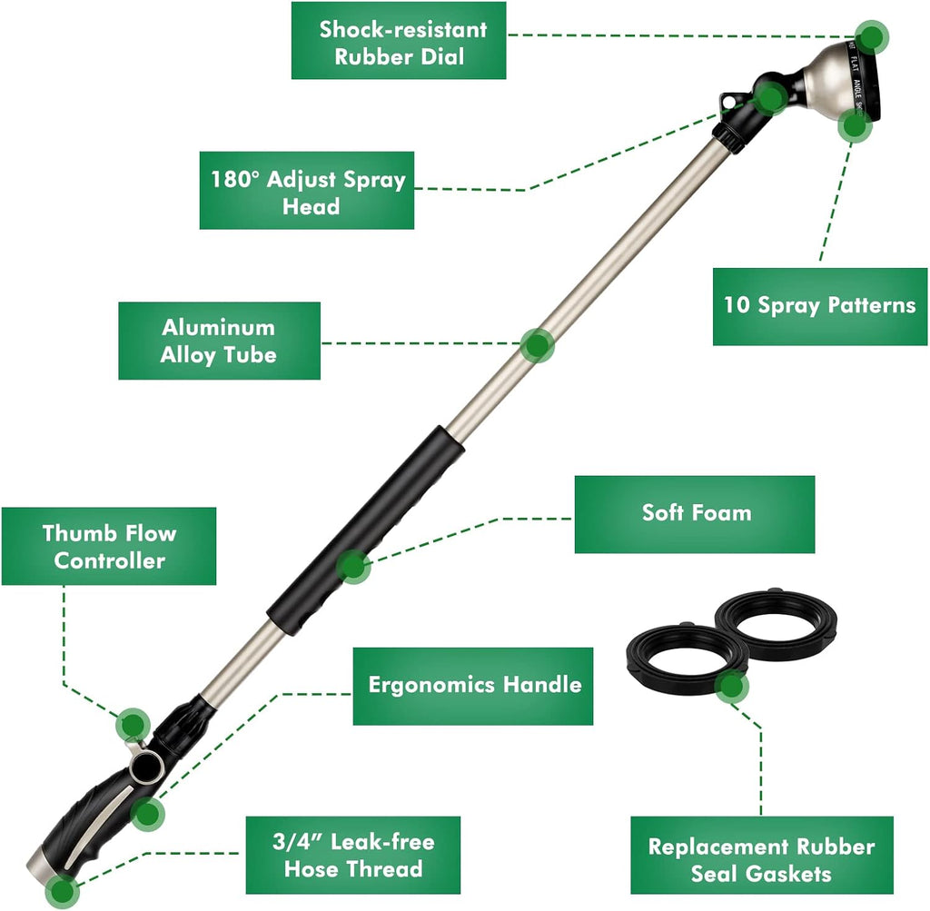 RESTMO 36” Watering Wand for Garden Hose, Heavy Duty Hose Nozzle Sprayer | 180° Swivel Head, 10 Spray Patterns, 3ft
