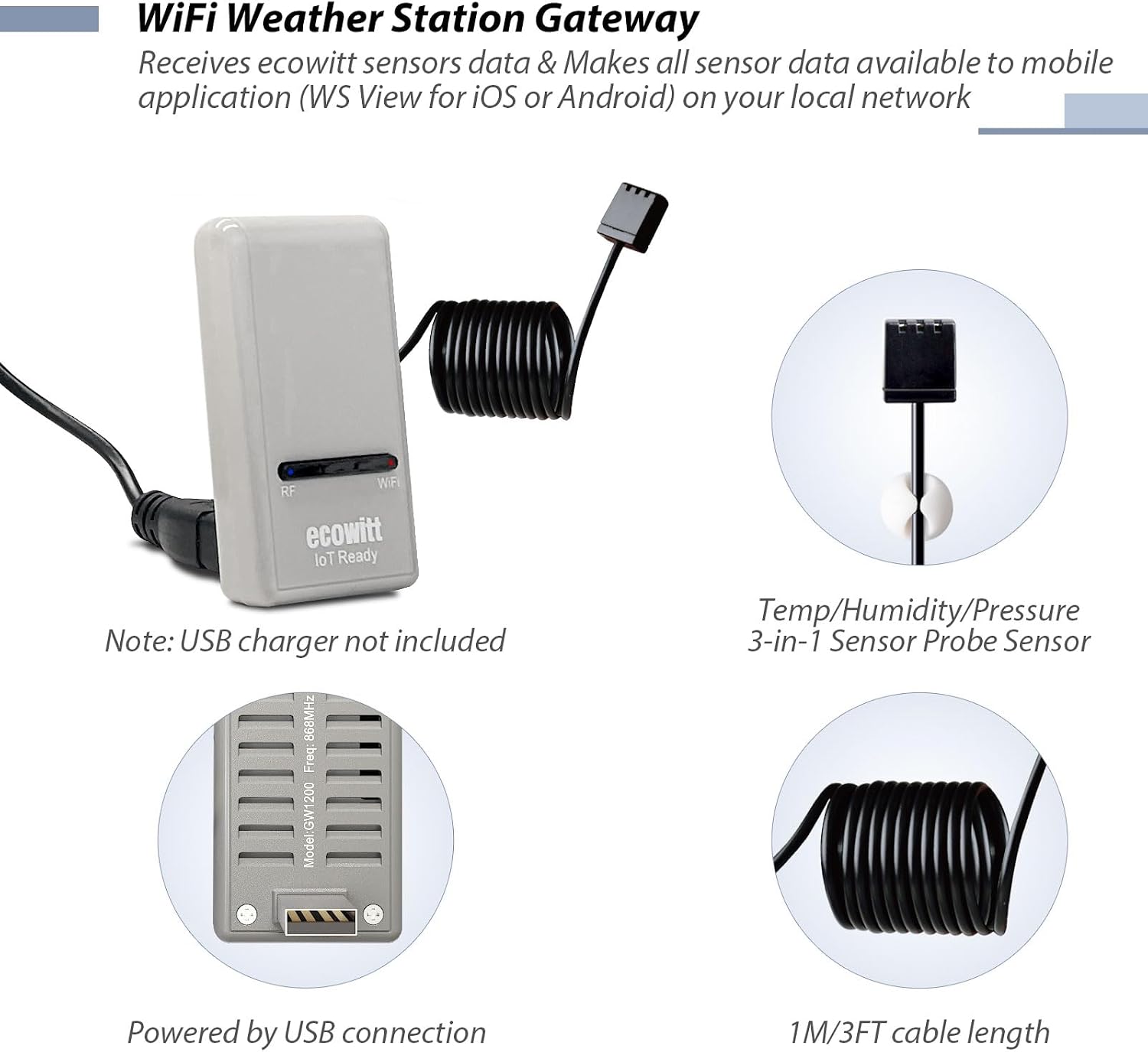 ECOWITT Soil Moisture Tester Kit, Includes GW1200 IoT Gateway and WH51L Soil Moisture Sensor with 1m/3.28ft Long Wire