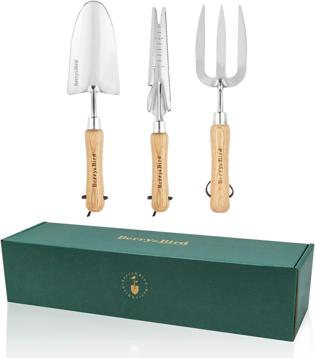 Berry&Bird Gardening Hand Tool Set - 3PCS Stainless Steel Garden Tool Kit Multifunctional Tool with Wooden Handle