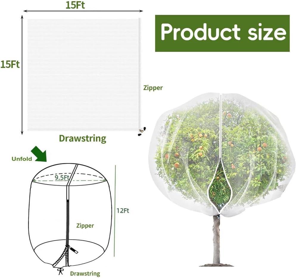 1 Pack Extra-Large Fruit Tree Netting Covers for Birds and Squirrels(15X15ft) –Bird Nets for Fruit Trees with Zipper