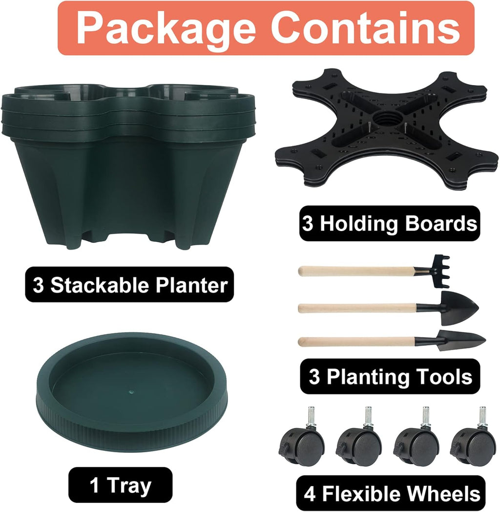 DUNCHATY Stackable Planter, Vertical Garden Planter with Wheels and Tools, Self Watering Strawberry Planter