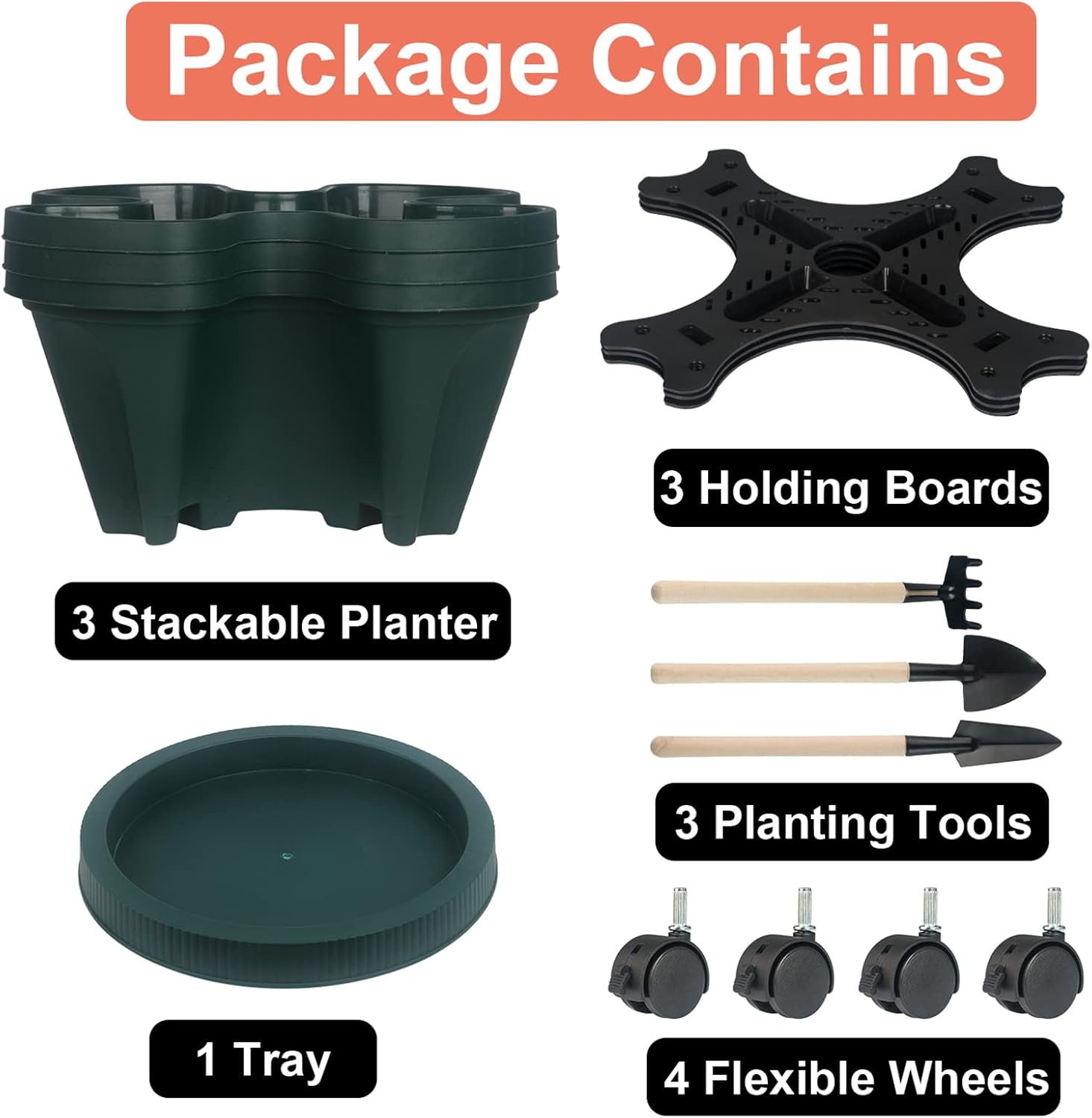 DUNCHATY Stackable Planter, Vertical Garden Planter with Wheels and Tools, Self Watering Strawberry Planter
