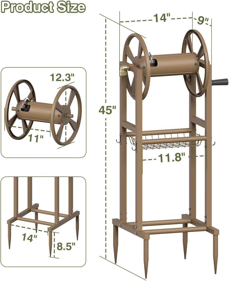Freestanding Garden Hose Reel holds 125ft Hose of 5/8" with 4 Hooks, 4-Spike Outdoor Hose Holder with 3.9ft Leader Hose