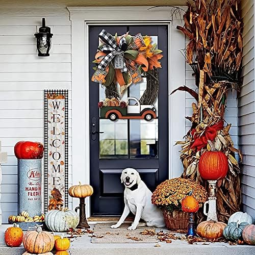 Fall Welcome Porch Sign Thanksgiving Day Wooden Door Sign 47" Large Buffalo Plaid Porch Sign for Pumpkin Sign Home Front Door Yard Party Decor