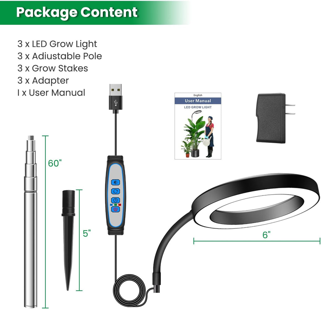 Plant Light, Full Spectrum Grow Light, 65'' Height Adjustable 3Pack | 6000K Grow Light, 3 Colors Modes, 5 Dimmable
