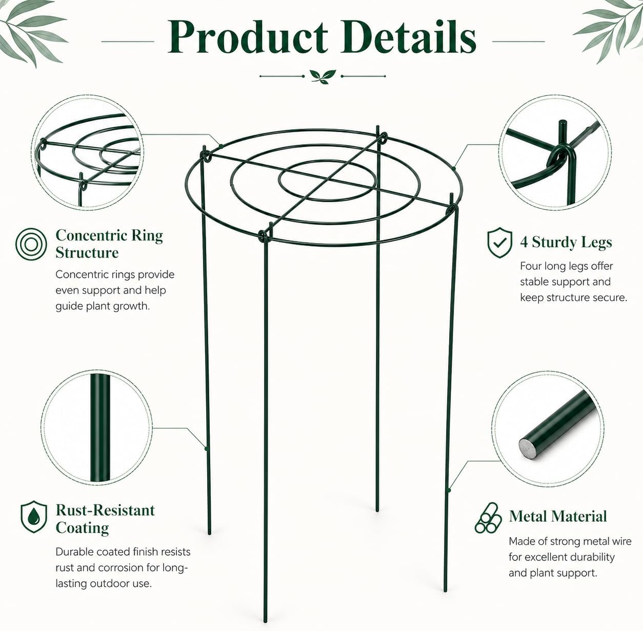 7 Pack Peony Cages and Supports, 13.8" D x 23.6" H Grow Through Plant Supports for Outdoor Plants, 4-Leg Metal Flower