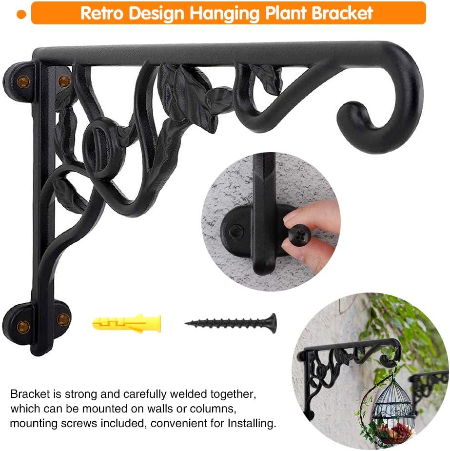 KABB Heavy Duty Hanging Plant Brackets, 2pcs 13" Hand Forged Iron Wall Mount Bracket Durable Rust-Resistant Plant