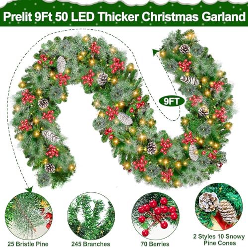 Timer & 8 Modes 9 Ft Prelit Christmas Garland 50 LED Warm White Lights Cedar Valentines Garland Battery Operated 270 Thick Branch Bristle Pine 70 Red Berries 10 Pinecones Mantle Home Decor Outdoor