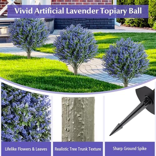 Goplus Set of 2 Artificial Lavender Topiary Ball Trees, 24” Faux Shrub Bushes with Ground Spikes, Sun-Proof Indoor Outdoor Fake Evergreen Plants for Porch, Garden, Yard, Home Decoration
