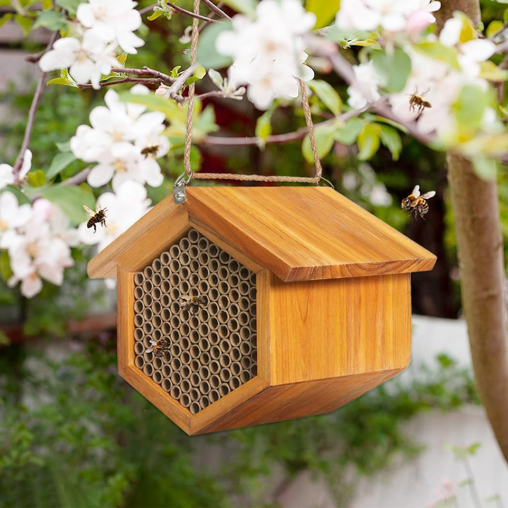 Mason Bee House Wax Coated Bee Hotel, Pollinator House,Natural Handmade Wooden Mason Bee Hotel for Pollinating Bees