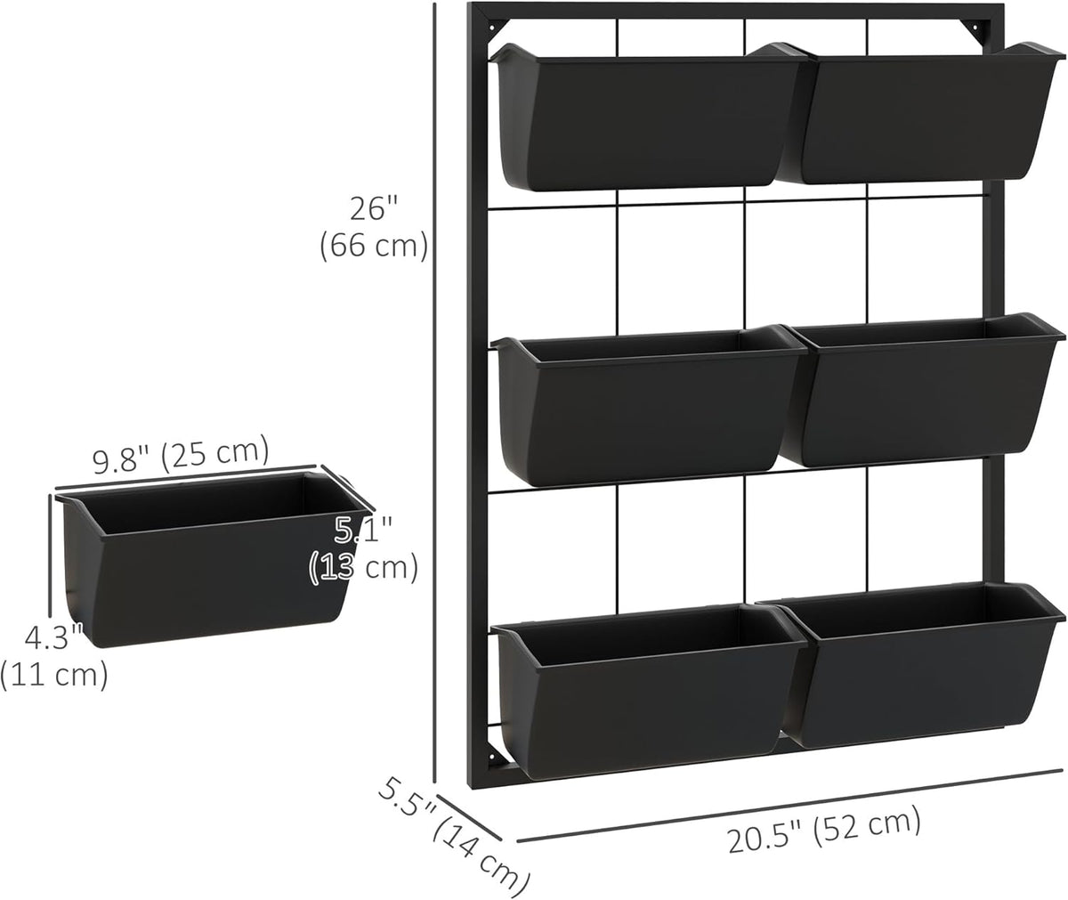 Outsunny 3-Tier Wall Planter w/ 6 Pots, Outdoor Hanging Planter, Black | Indoor Outdoor Use, Self-Draining