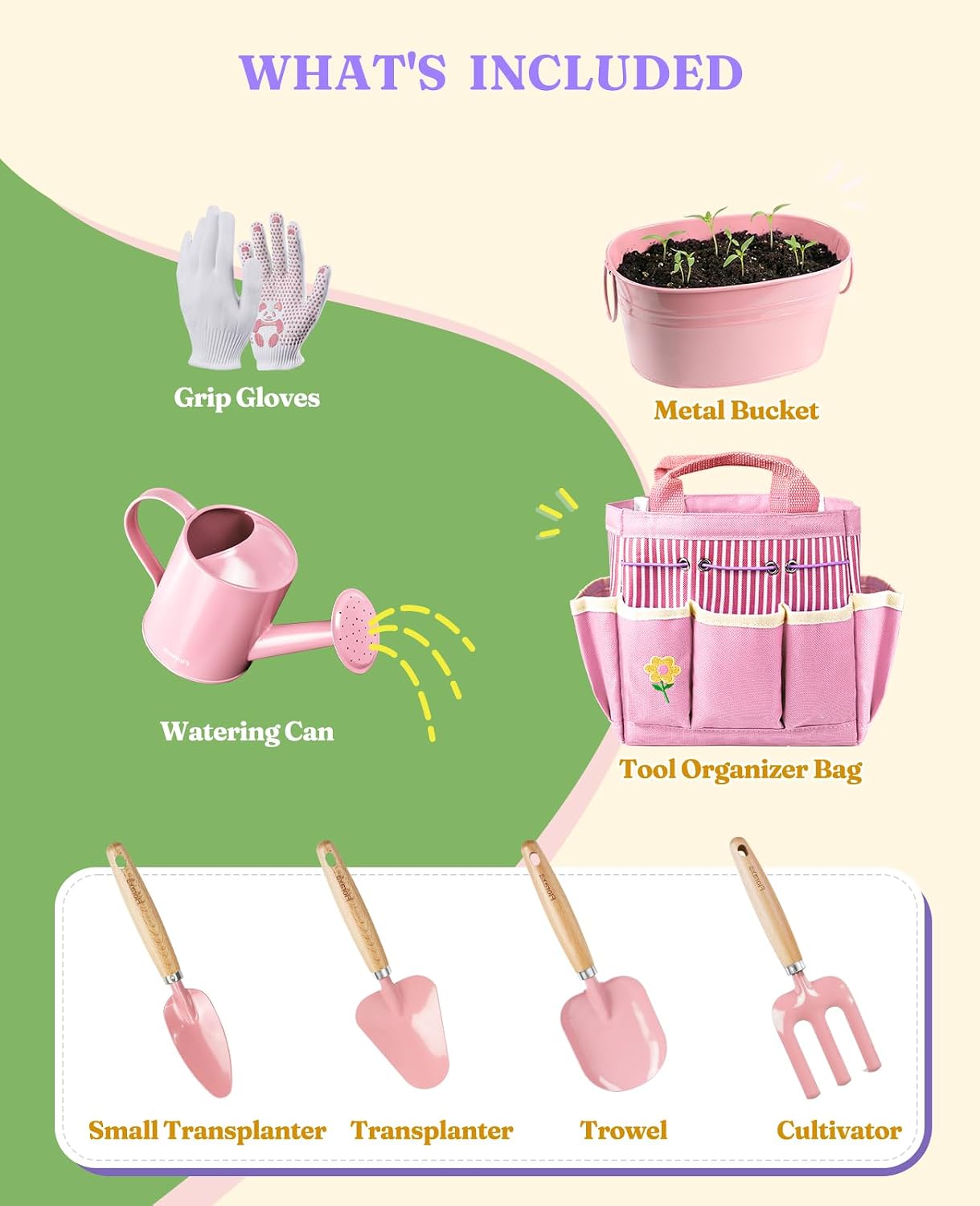 8Pcs Kids Gardening Set with Real Metal Tools & Metal Basket, Pink | 3 Wooden Handles, STEM Outdoor Exploration