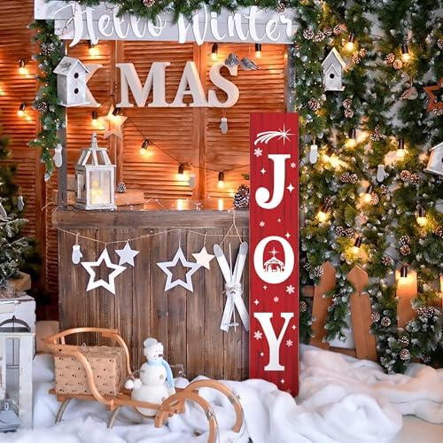 Christmas Porch Sign JOY 47" Winter Large Welcome Porch Sign Xmas Decor for Home Front Door Farm Yard Party Decor (Red)