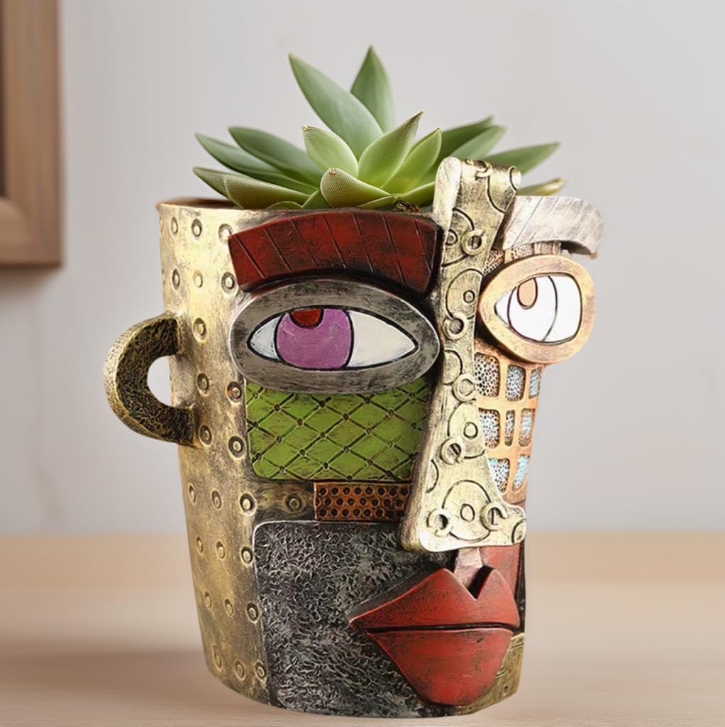 Picasso Abstract Face Flower Pot,Unique Resin Crafted Planter with Drainage Holes,Interesting Colorful Planter with