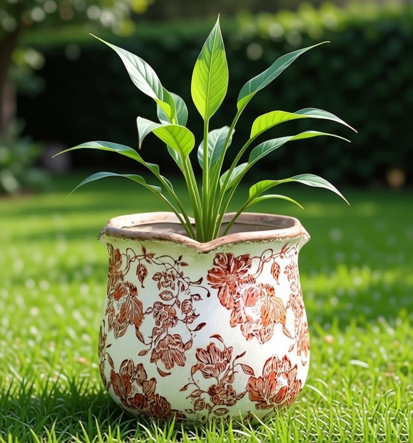 Tuscan Ceramic Planter with Floral Edges Vintage Planter Flower Pot Vase | Planter with Drainage Hole, Ice Crack