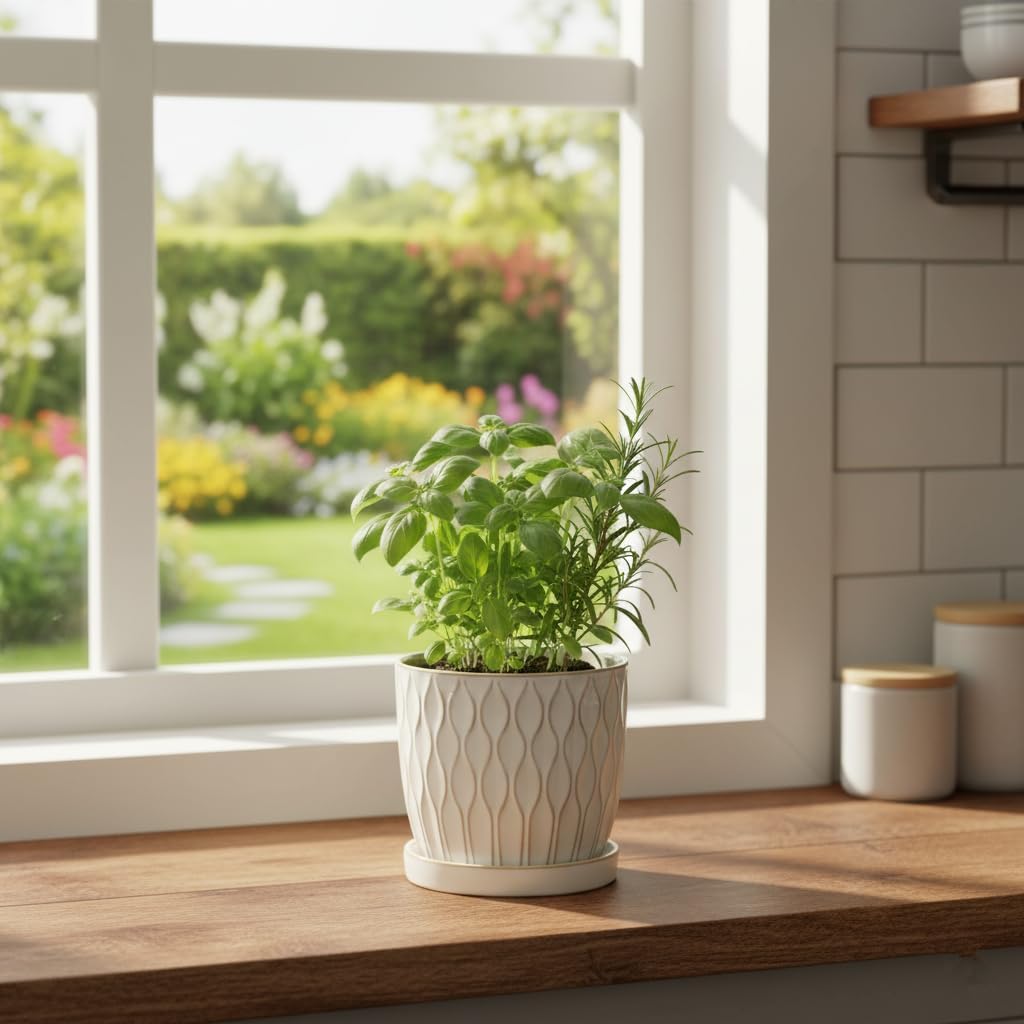 Nihow Ceramic Plant Pots with Drainage Hole & Saucer, 4.75 Inch, White-3 | Small,Embossed Design, For Succulent