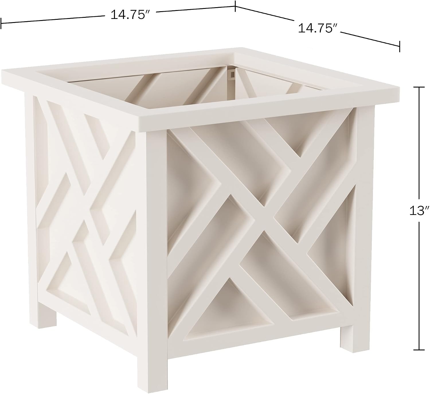Lattice Design Outdoor Planter Box 2-Pack - 14.75” Square 13” Tall White Decorative Plant Pots for Front Porch Decor
