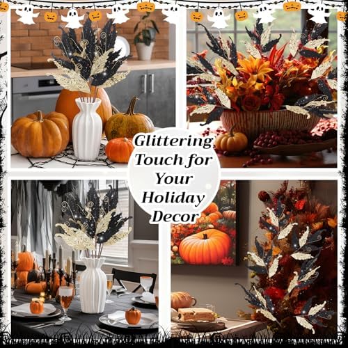 HyDren 10 Pcs Christmas Glitter Leaves Ornaments, Gold and Black