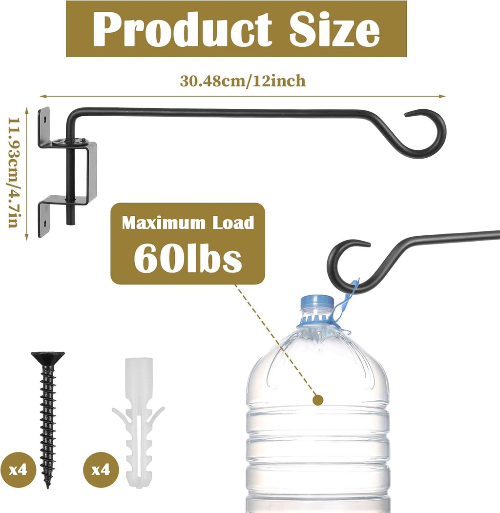 12 inch 4 Pack Swivel Plant Hangers Outdoor Heavy Duty - Black Iron Plant Hanging Hook Bracket for Flowers Baskets Pots