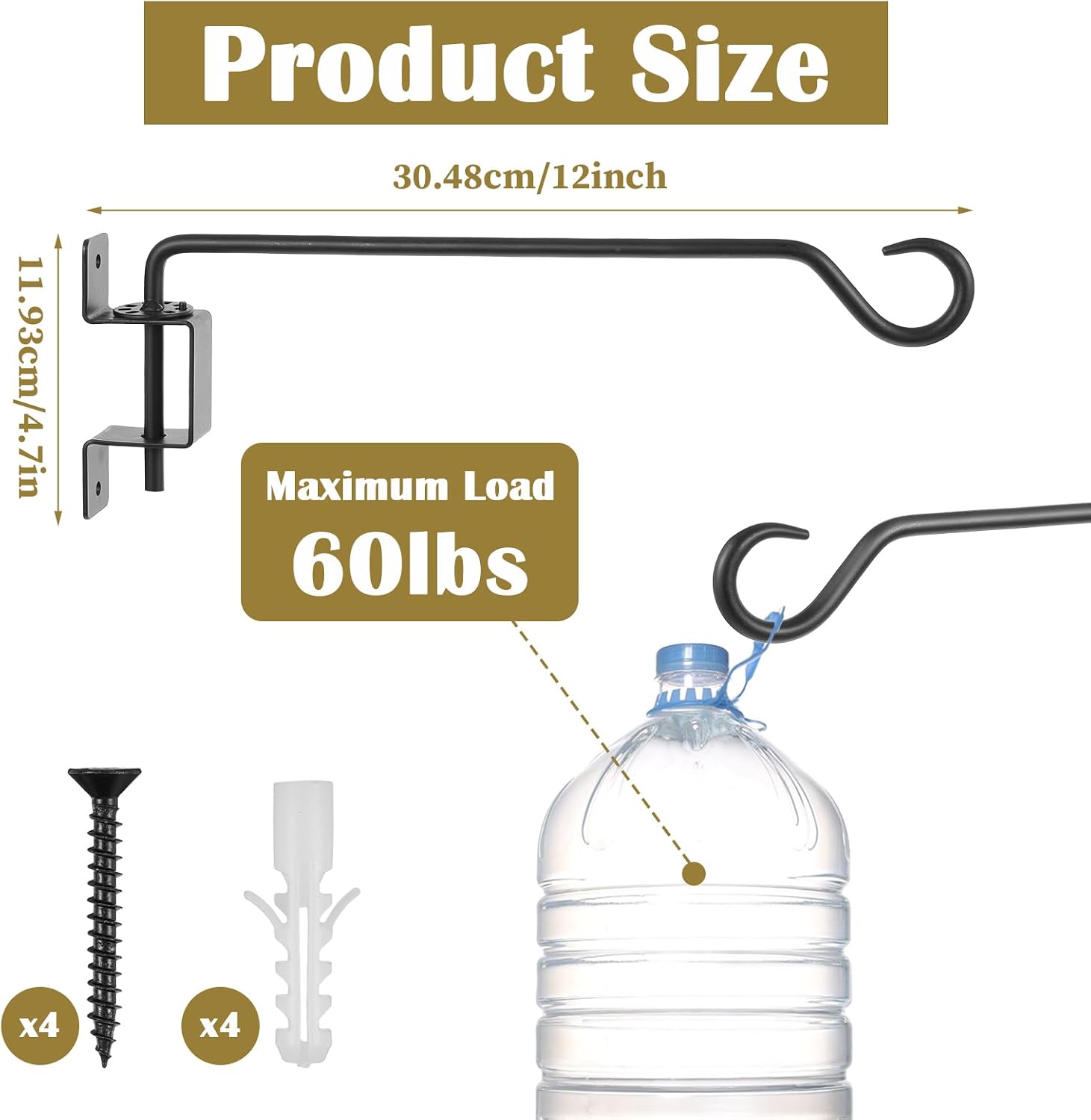 12 inch 4 Pack Swivel Plant Hangers Outdoor Heavy Duty - Black Iron Plant Hanging Hook Bracket for Flowers Baskets Pots