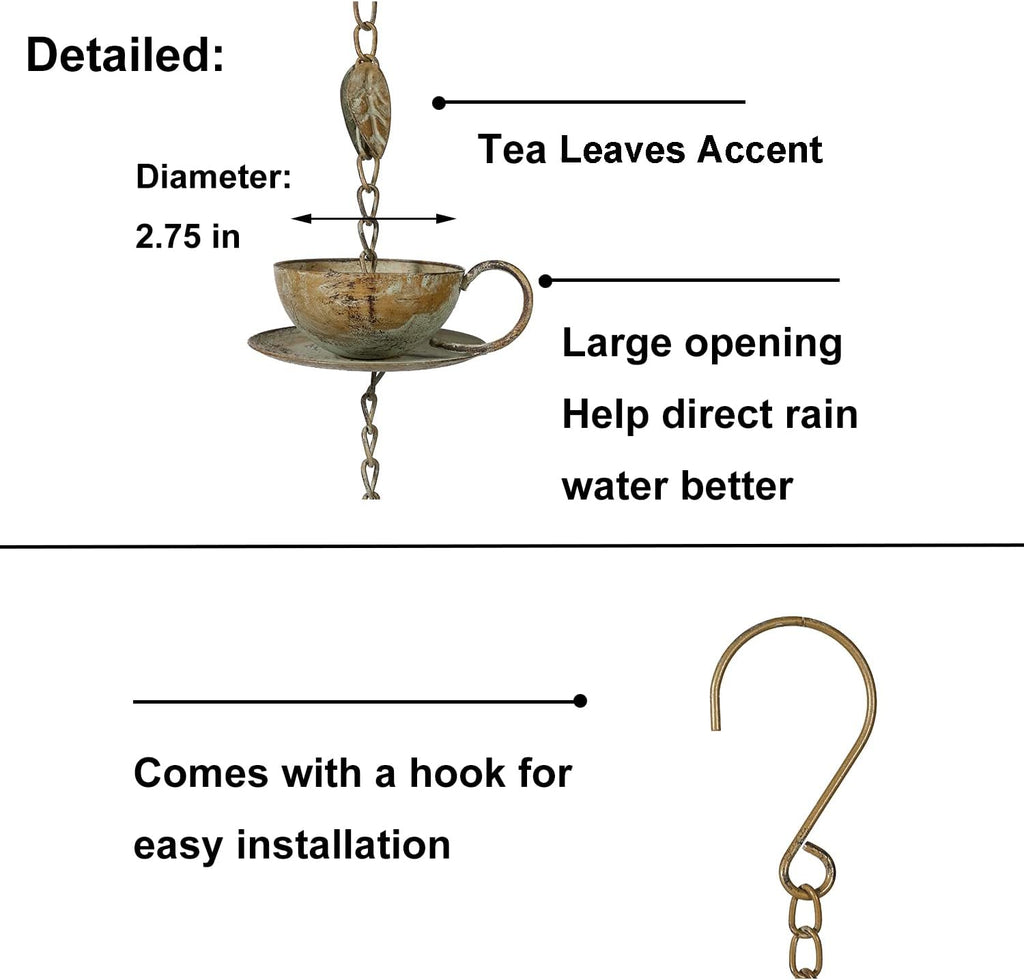 Jemeni 8.5Ft Teapot & Teacups Rain Chain, Rain Chains for Outside | Rain Chain for Gutters, Decorative Downspout