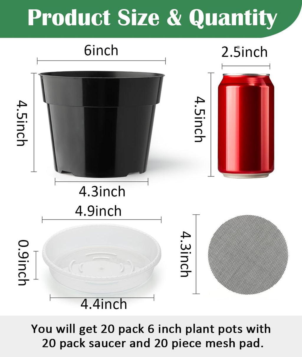 RooTrimmer 20 Pack Plant Pots, 6 Inch Plastic Plant Planter with Saucers and Mesh Mats, Durable Flower Pots with