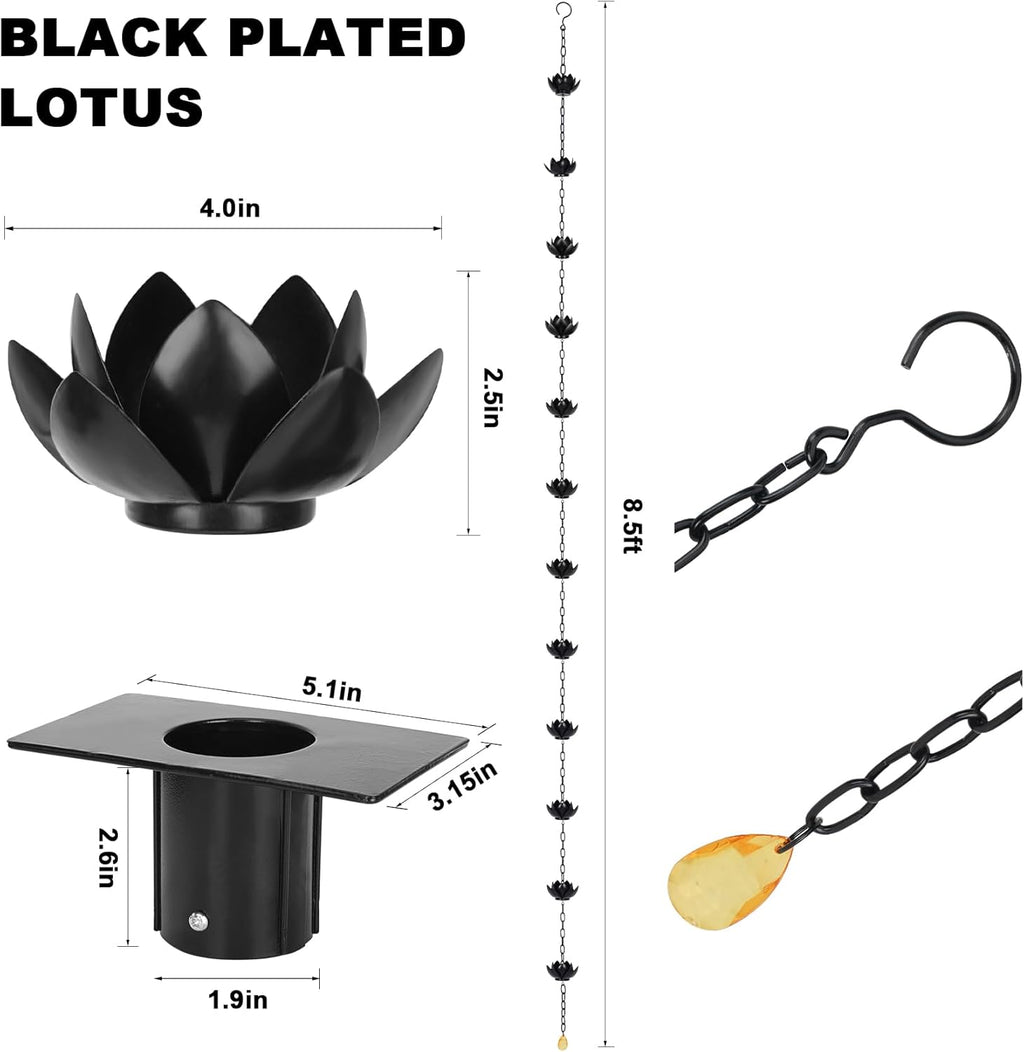 Rifachua 8.5ft Black Lotus Rain Chain for Gutter Downspout Outside | 12 Black Lotus Rain Chains Cups, Functional and