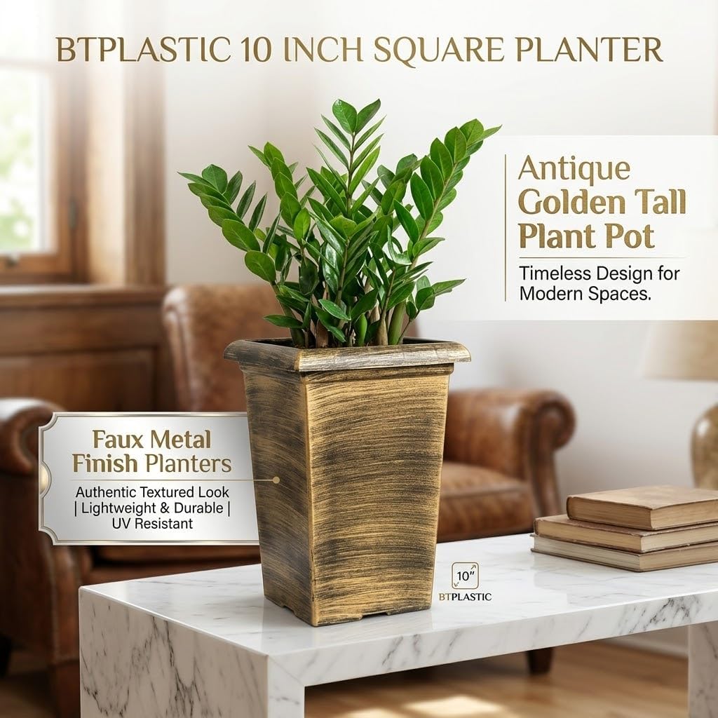 10 Inch Tall Outdoor Square Planter - 4 Pack Vintage Gold Faux Metal | Plant Pot with Drainage Holes & Raised Feet, 13"