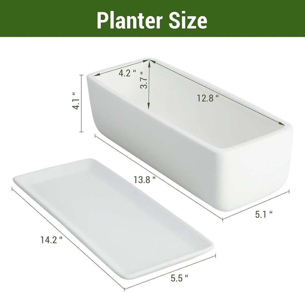 MyGift 14 Inch Unglazed White Ceramic Indoor Plant Pot with Drainage Hole | Rectangular Succulent Planter Window Box