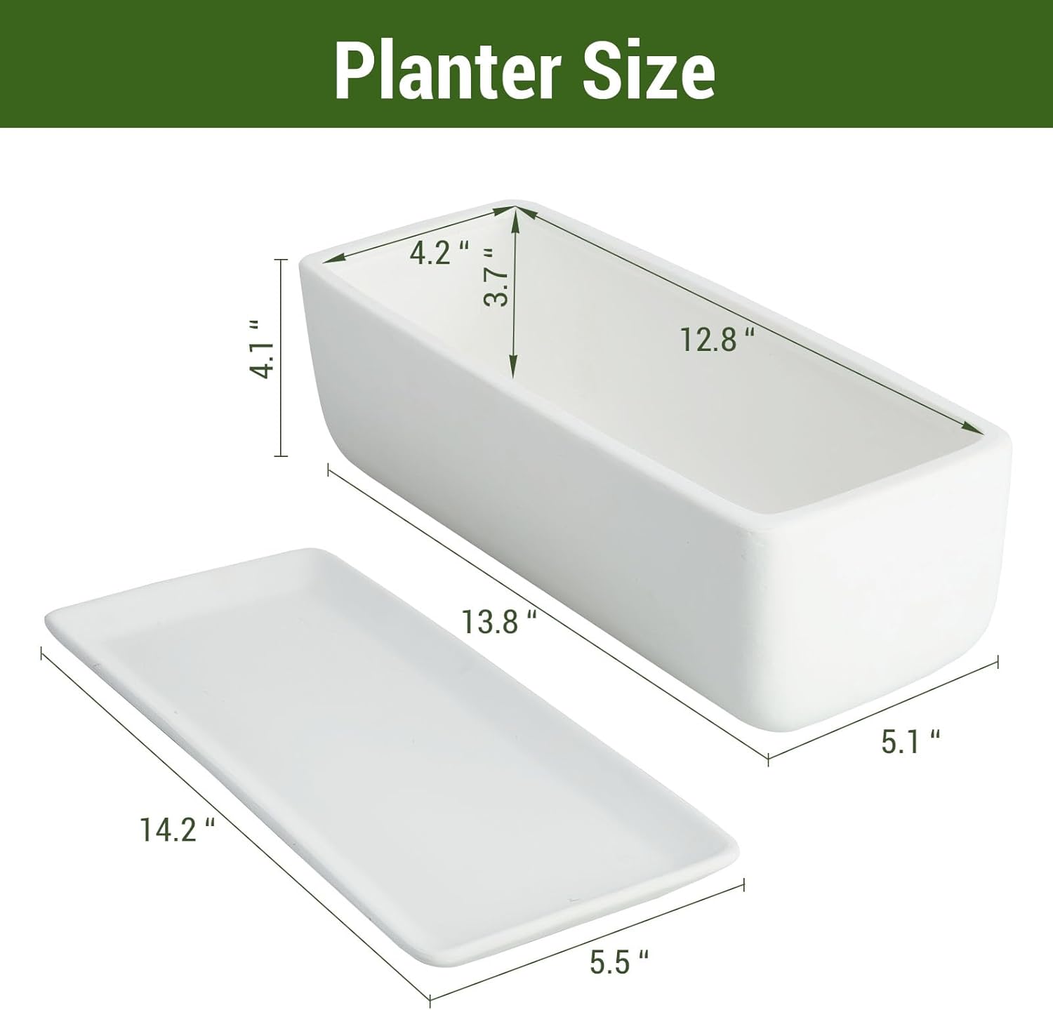 MyGift 14 Inch Unglazed White Ceramic Indoor Plant Pot with Drainage Hole | Rectangular Succulent Planter Window Box