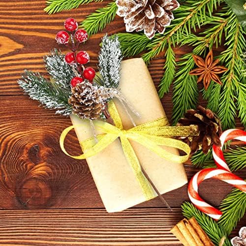 Artificial Red Berry Stems Pine Branches with Twine Bow,Christmas Pine Picks Fake Red Berry Wreath Picks, Christmas Trees Decoration Bouquets Garland Wreath Arrangements for Holiday(20 Pack/White)