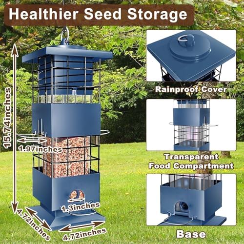 Squirrel Proof Bird Feeder, 3.5Lb Metal Bird Feeders for Outdoors Hanging, Weight Activated Birdfeeder with 4 Ports for Outside, Cardinal Finch Bluebird,Pigeon and Rat Resistant (Blue)