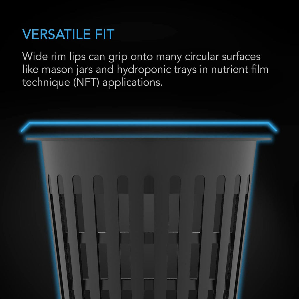 AC Infinity Net Cups 10cm Heavy Duty Garden Slotted Net Pots with Wide Lip | Wide Lip Rims, 25-Pack Black Bucket Basket