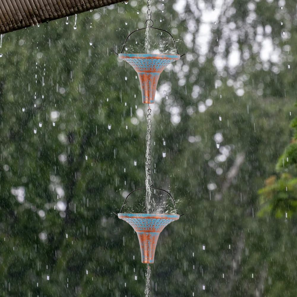 10 Ft Rain Chains for Gutters, Rain Catcher Chain for Eaves Drainage | Metal Rain Gutter Chains with 10 Blue Funnel