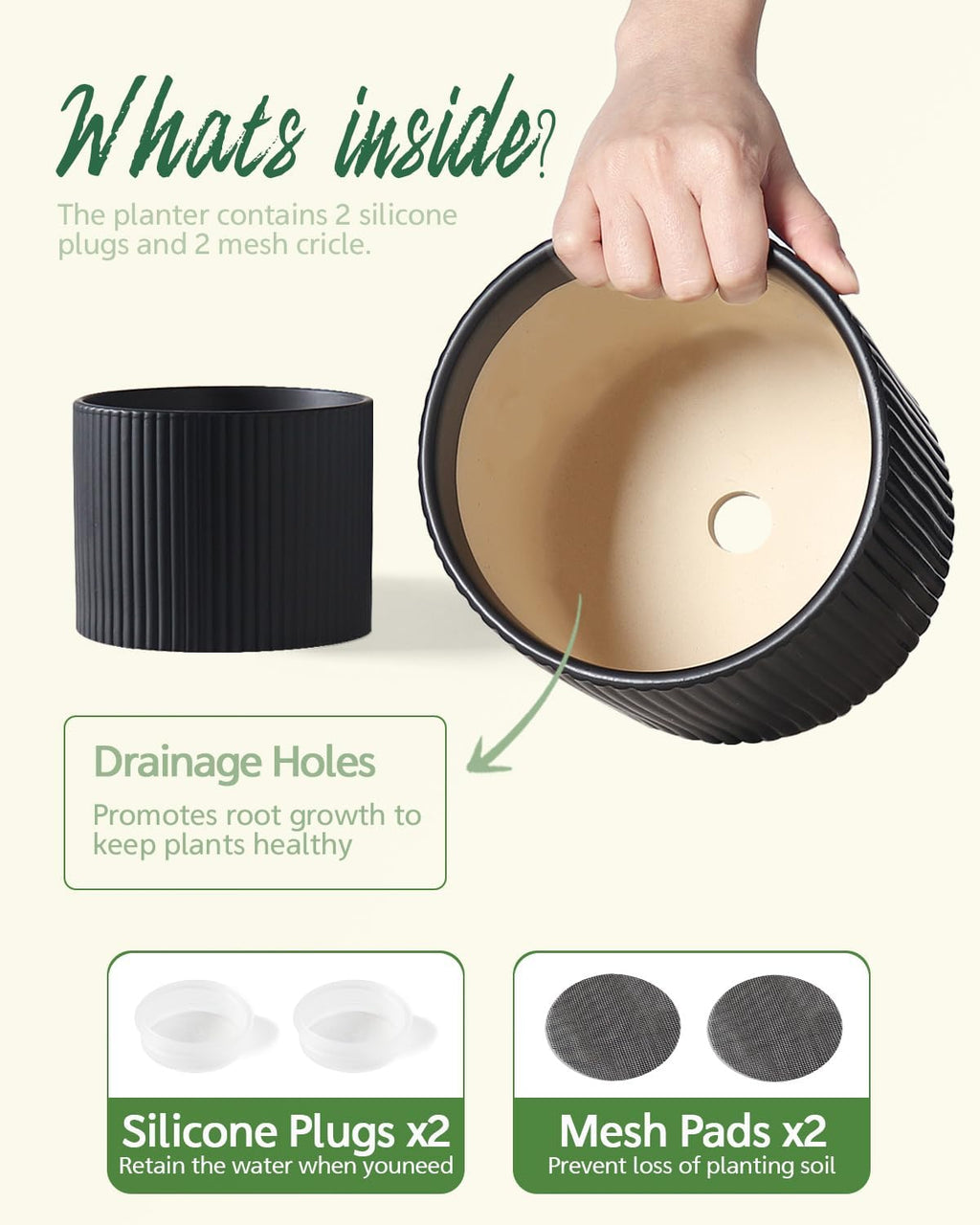 Matte Black Ceramic Plant Pots, 8.1 + 6 Inch Planters for Indoor Plants, Modern Flower Pots with Drainage, Two-Sizes Set