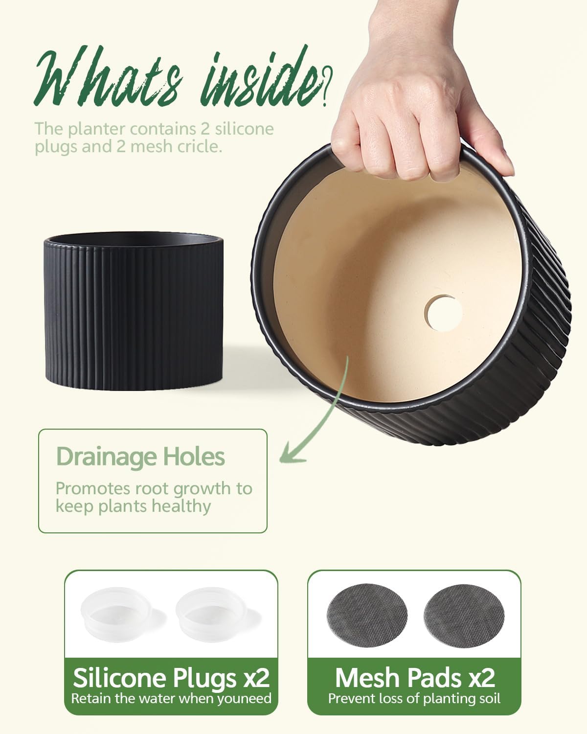 Matte Black Ceramic Plant Pots, 8.1 + 6 Inch Planters for Indoor Plants, Modern Flower Pots with Drainage, Two-Sizes Set