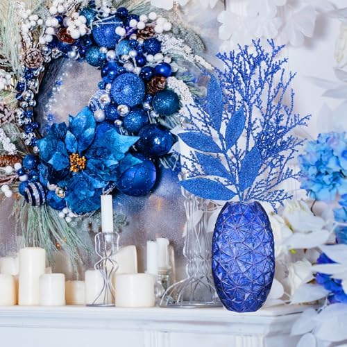 Winlyn 30 Pcs Christmas Artificial Leaf Sprays Cedar Picks Blue Glittered Christmas Tree Ornaments Winter Floral Stems for Blue Christmas Tree Wreaths Centerpieces Holiday Seasonal Wedding Decoration