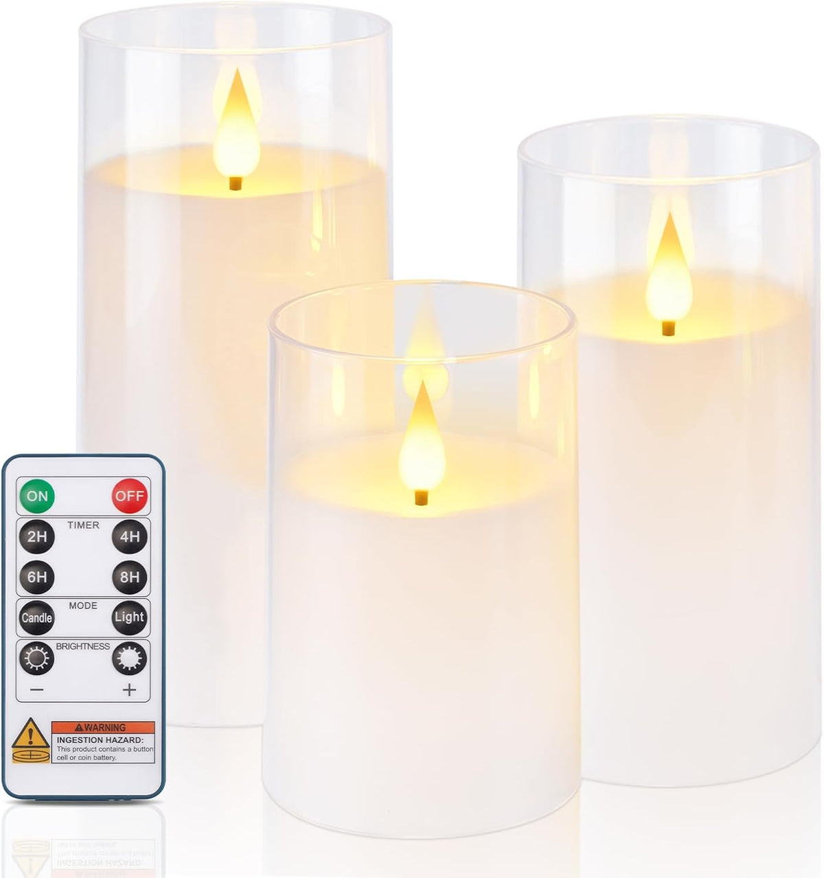 Homemory Pure White Flameless Candles, Battery Operated Acrylic LED Pillar Candles with Remote Timer, Realistic Flickering Fake Candles for Home Decor, Christmas, Wedding, Church, Set of 3
