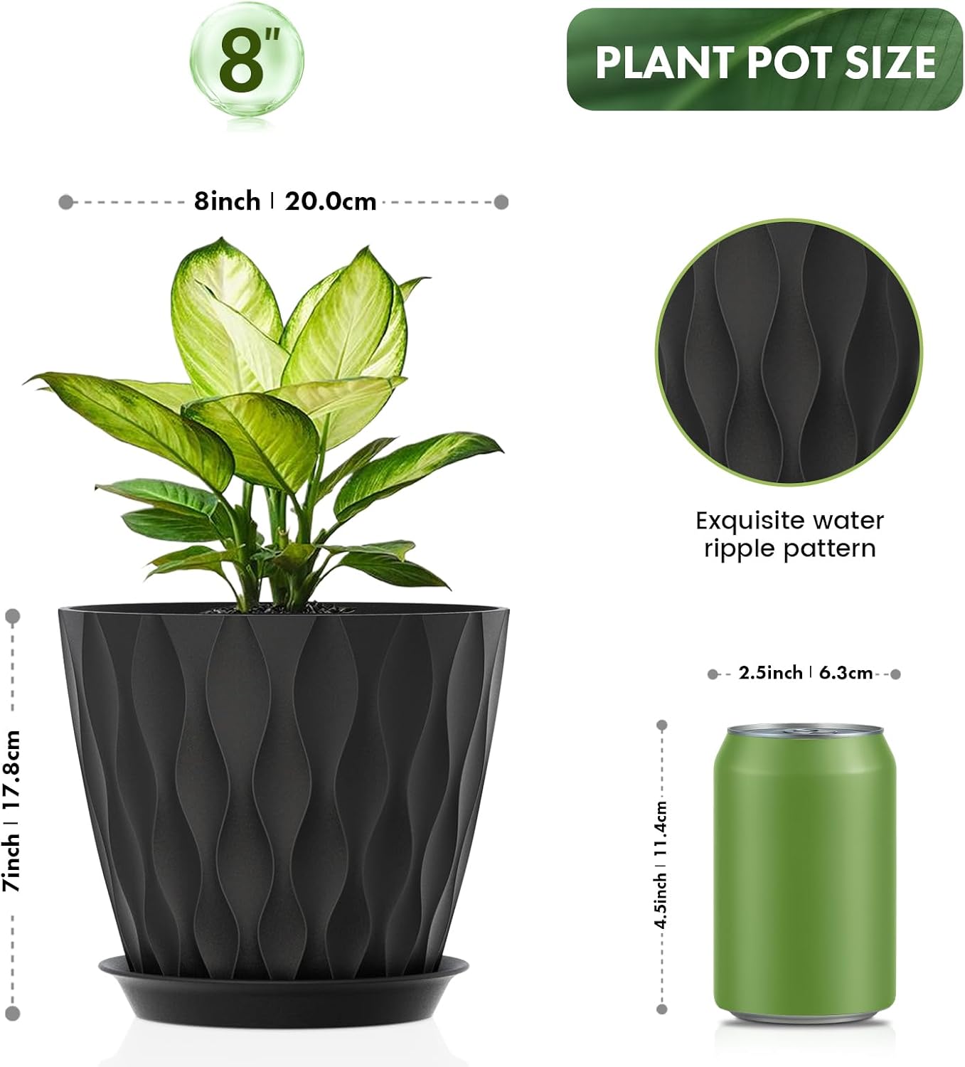 UOUZ 8 Inch Plant Pots, 4 Pack Plastic Planters for Indoor Outdoor with Drainage Holes & Saucers, Waffle Texture Flower