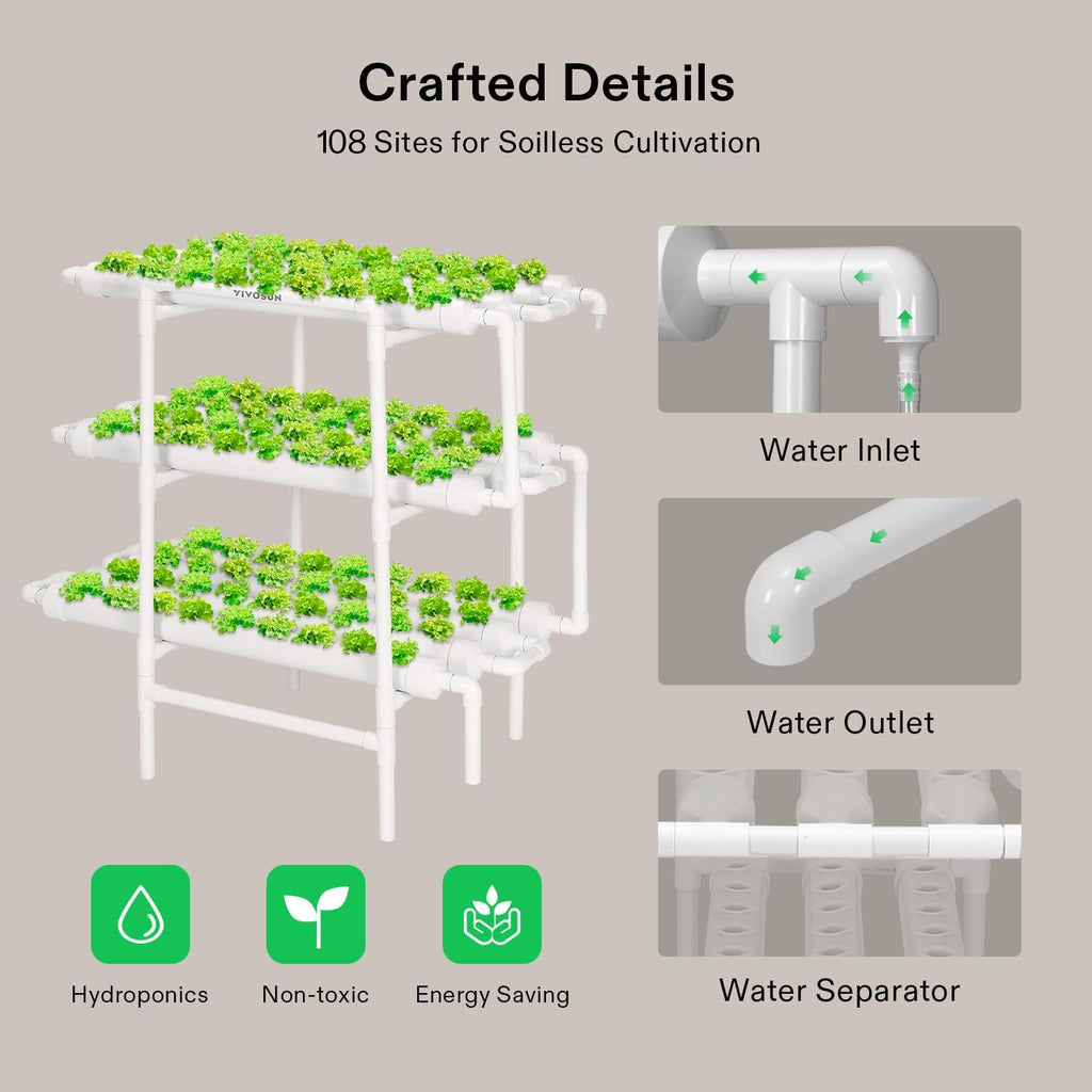 VIVOSUN Hydroponics Growing System 108 Plant Sites, 3 Layers 12 Food-Grade PVC-U Pipes Gardening System Grow Kit with