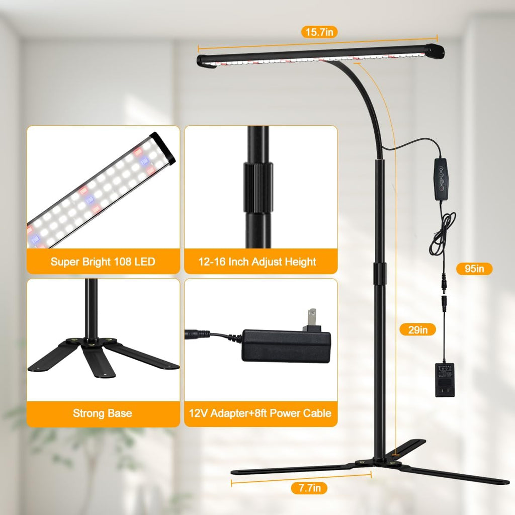 Super-Bright Grow Light for Indoor Plants, 6000K 108LEDs Full Spectrum Plant Lamp with Timer 4/8/12Hrs & Height